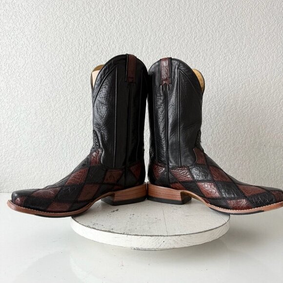 Rod Patrick Mens Patchwork Cowboy Boots 11C Brown Black Leather Western 11" Tall - Picture 7 of 12